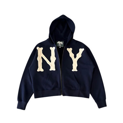 New York Streetwear Embroidered Zip-Up Hoodie