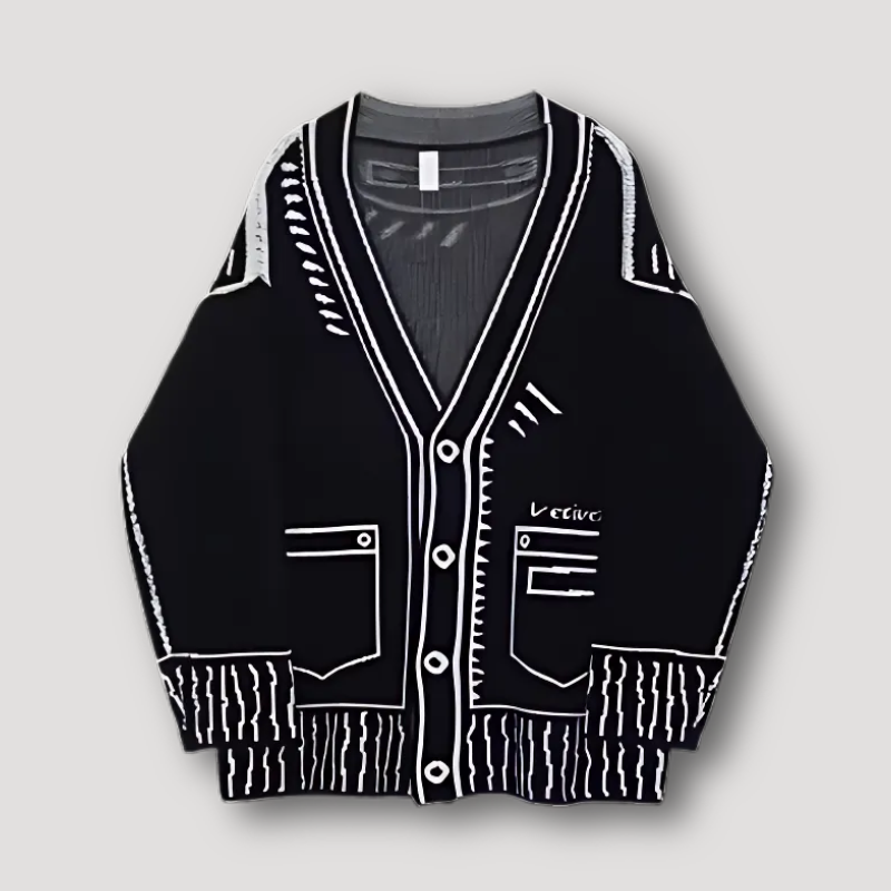 Black and White  2D Graphic Design Oversized Cardigan