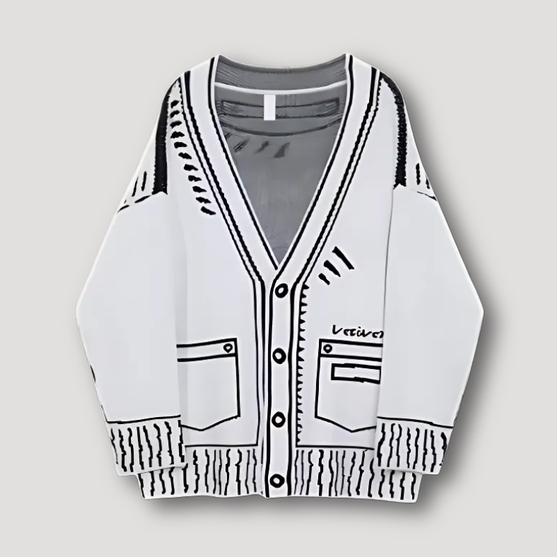 Black and White  2D Graphic Design Oversized Cardigan