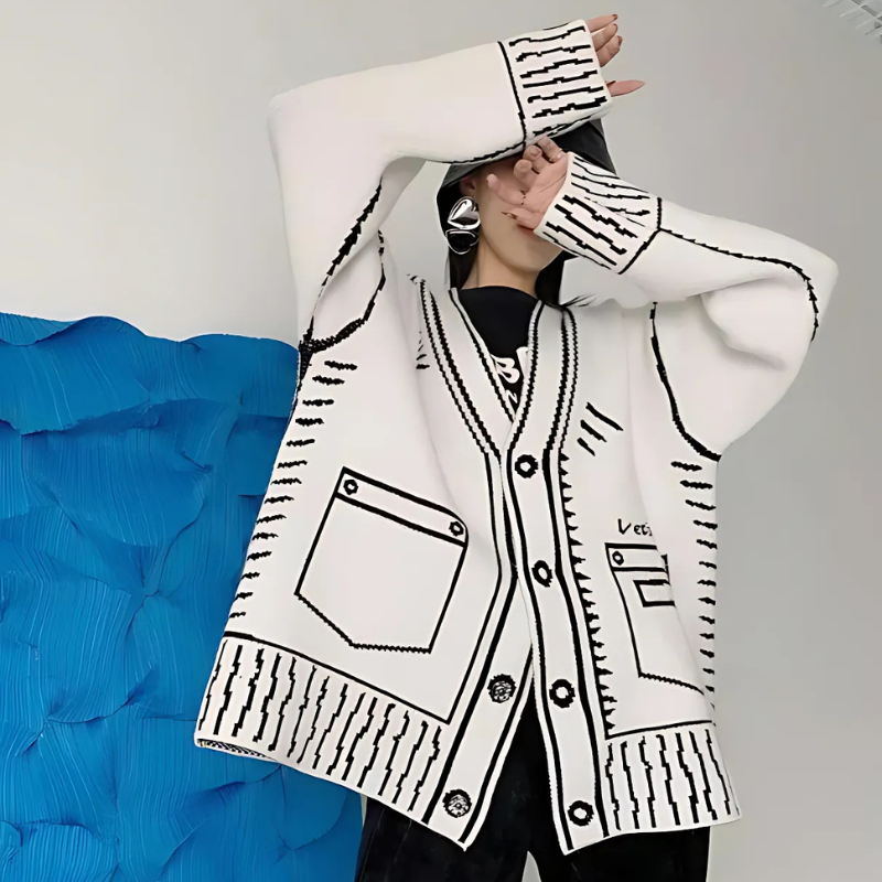 Black and White  2D Graphic Design Oversized Cardigan