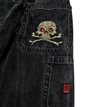 Skull Embroidered Distressed Baggy Jeans