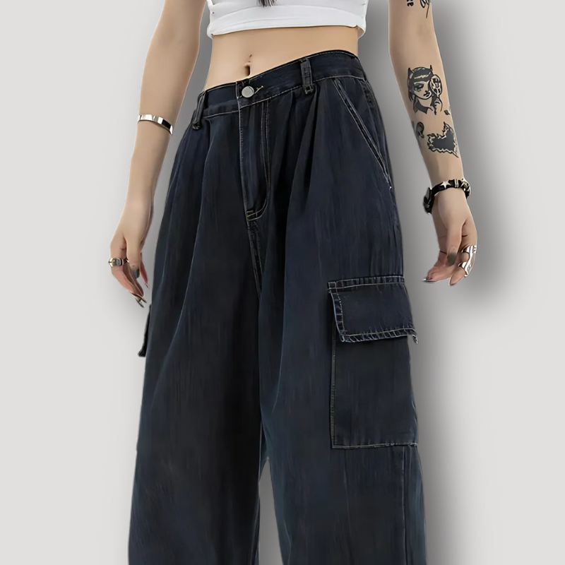 Acubi Style Baggy Dark Wash High Waist Cargo Jeans