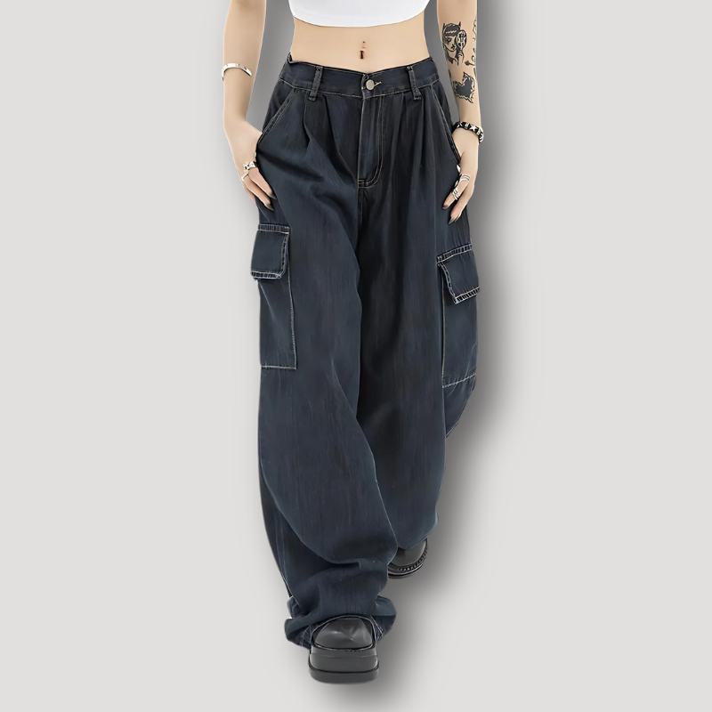 Acubi Style Baggy Dark Wash High Waist Cargo Jeans