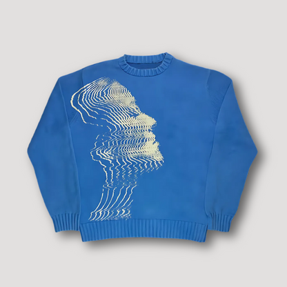 Pixelated Human Face Graphic Print Vibrant Blue Knit Sweater