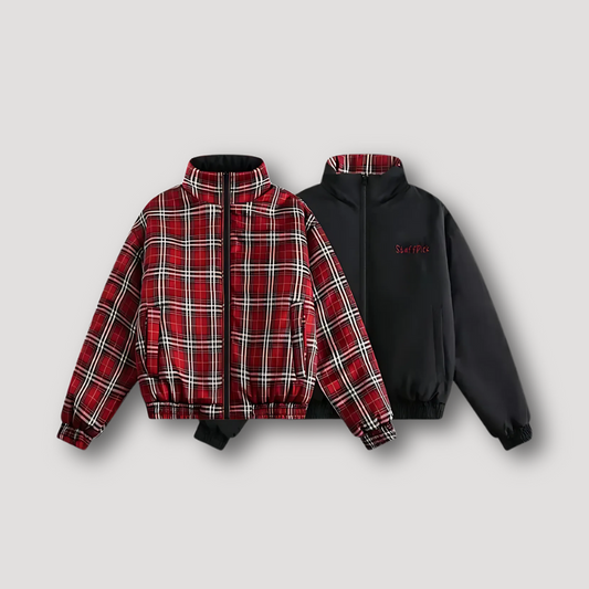 Reversible Plaid Pattern Zip Up Quilted Puffer Jacket