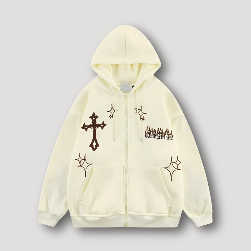 Cross Flame 'Campfire' Graphic Oversized Zip Up Hoodie