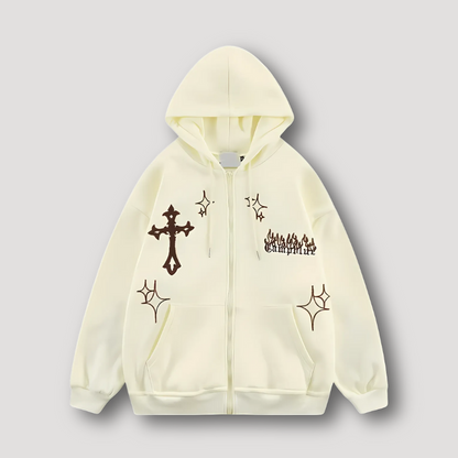 Cross Flame 'Campfire' Graphic Oversized Zip Up Hoodie