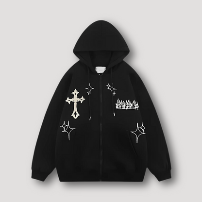 Cross Flame 'Campfire' Graphic Oversized Zip Up Hoodie