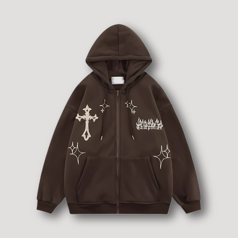 Cross Flame 'Campfire' Graphic Oversized Zip Up Hoodie