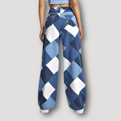 Diamond Plain Pattern High Waist Wide Leg Denim Jeans