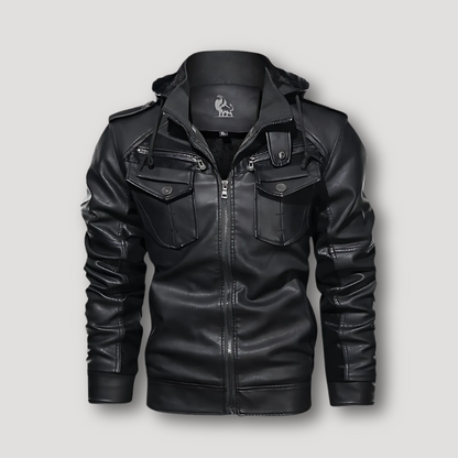 Zip Up buckled Stand Collar Drawstring Leather Jacket