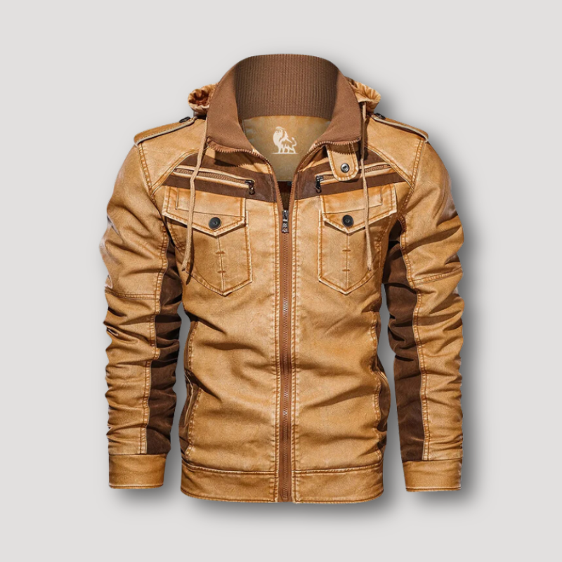 Zip Up buckled Stand Collar Drawstring Leather Jacket