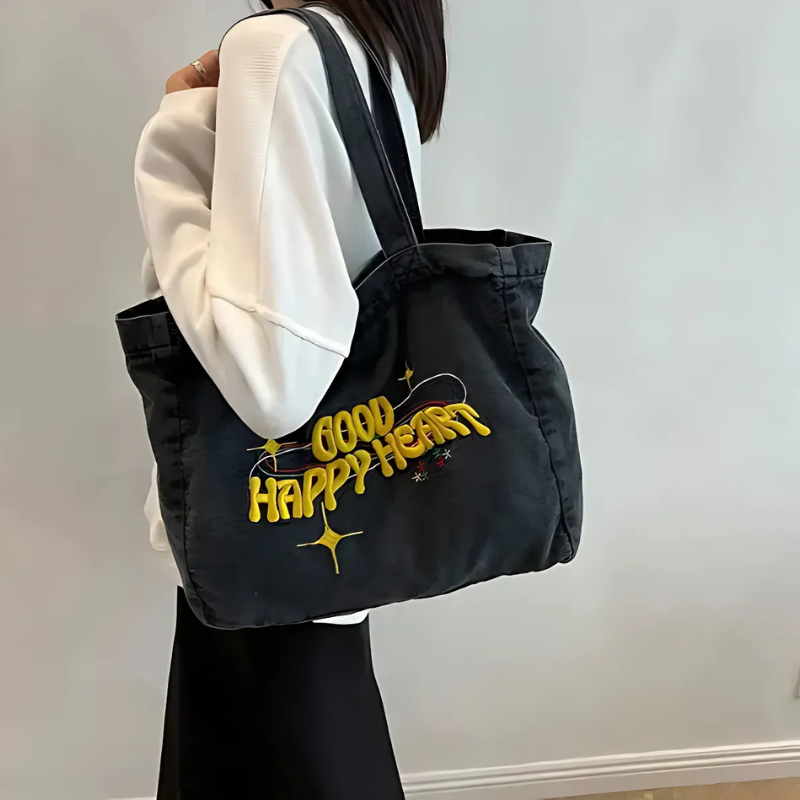 Embroidered 'Groovy Trippy Heart' Washed Denim Tote Bag