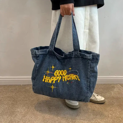 Embroidered 'Groovy Trippy Heart' Washed Denim Tote Bag