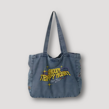 Embroidered 'Groovy Trippy Heart' Washed Denim Tote Bag