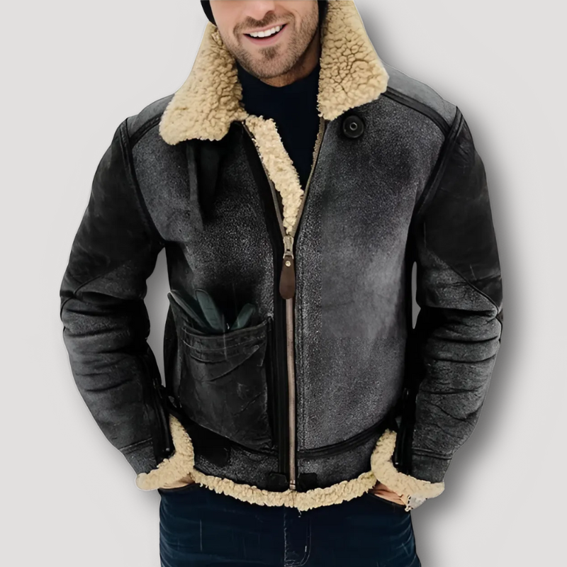 Vintage Plush Zip Up Rugged Leather Aviator Jacket