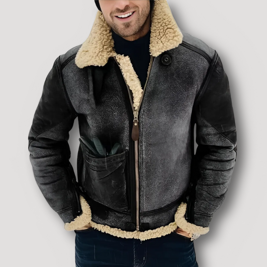 Vintage Plush Zip Up Rugged Leather Aviator Jacket