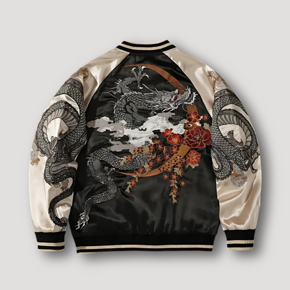 Japanese Dragon Embroidery Zip Up Bomber Jacket