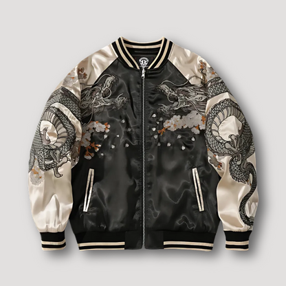 Japanese Dragon Embroidery Zip Up Bomber Jacket