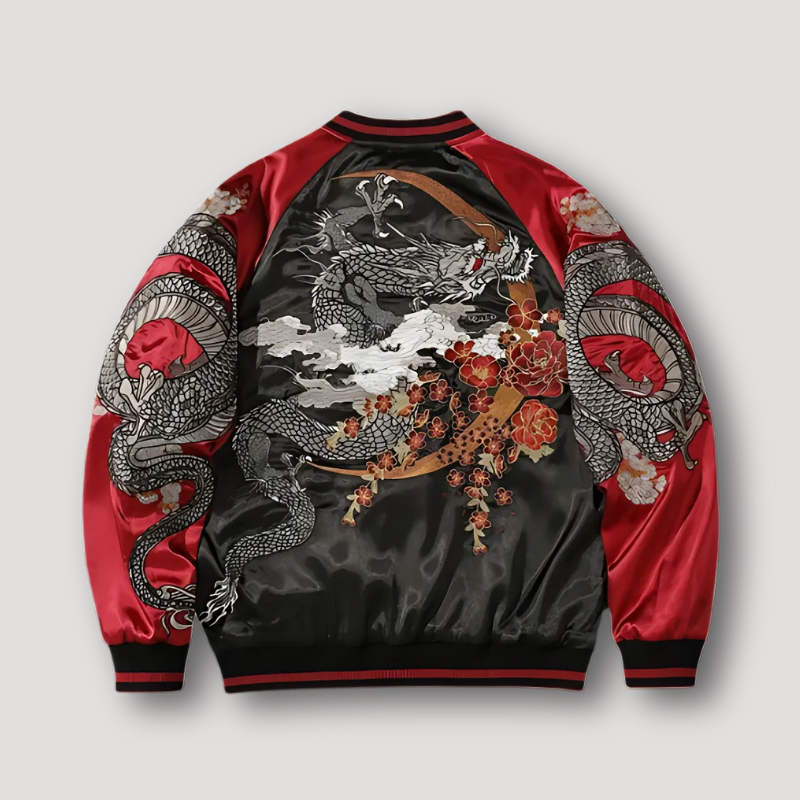 Japanese Dragon Embroidery Zip Up Bomber Jacket