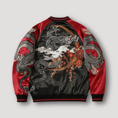 Japanese Dragon Embroidery Zip Up Bomber Jacket