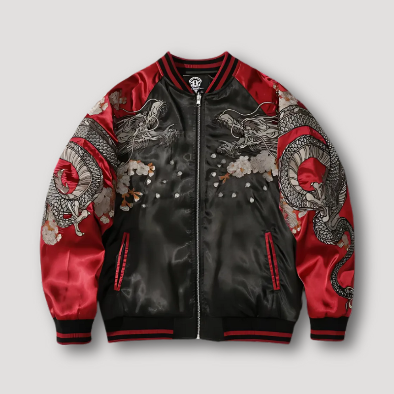 Japanese Dragon Embroidery Zip Up Bomber Jacket