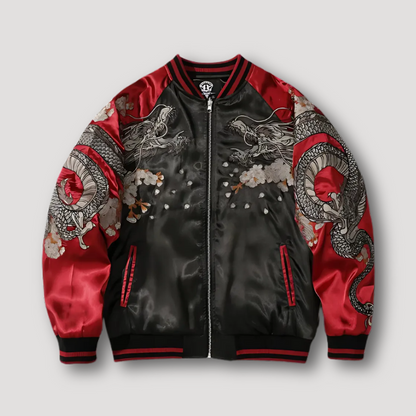 Japanese Dragon Embroidery Zip Up Bomber Jacket