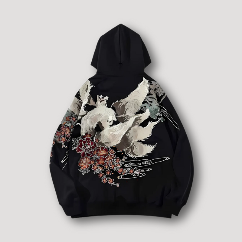 Japanese Nine-tailed Fox Kitsune Graphic Pullover Hoodie