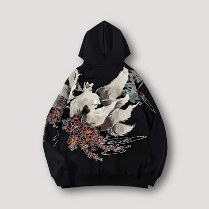 Japanese Nine-tailed Fox Kitsune Graphic Pullover Hoodie