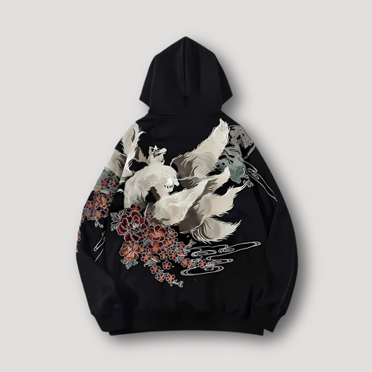 Japanese Nine-tailed Fox Kitsune Graphic Pullover Hoodie