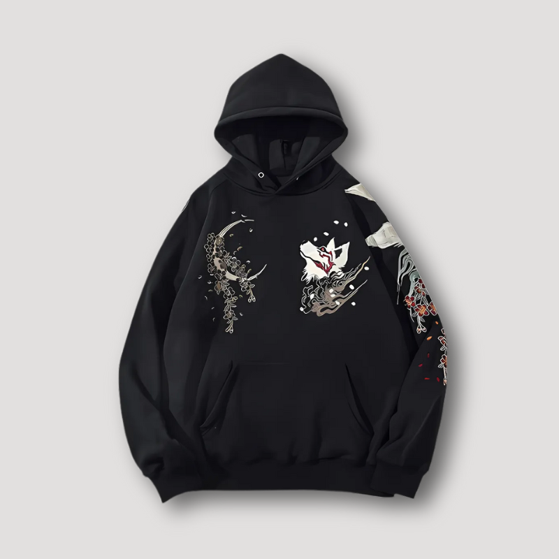 Japanese Nine-tailed Fox Kitsune Graphic Pullover Hoodie