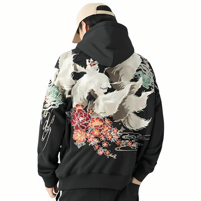 Japanese Nine-tailed Fox Kitsune Graphic Pullover Hoodie