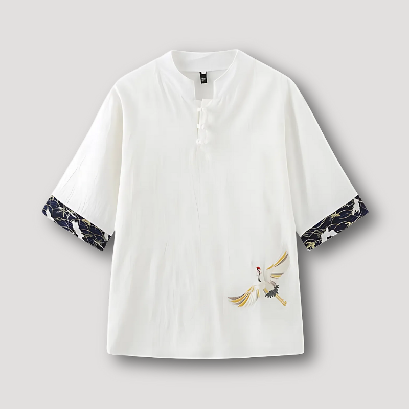 Half Sleeve Crane Bamboo Chinese Style Shirt