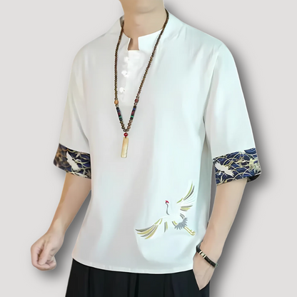 Half Sleeve Crane Bamboo Chinese Style Shirt