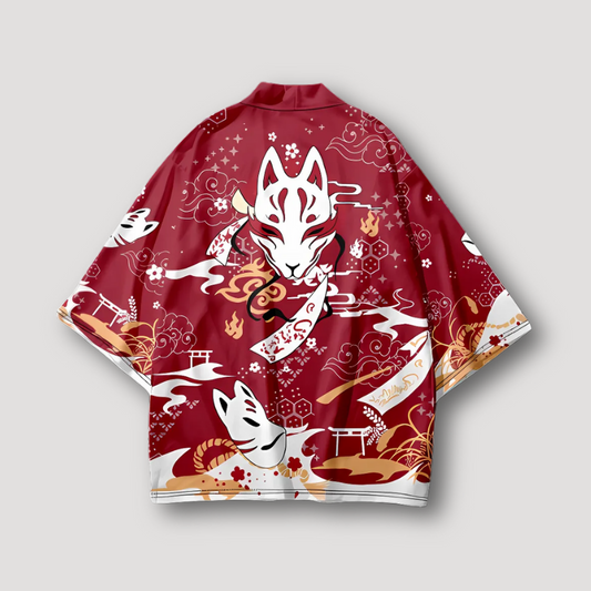 Japanese Fox Mask Graphic Open Front Loose Kimono