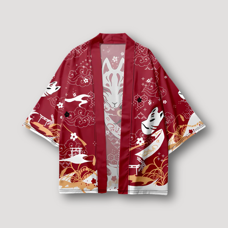 Japanese Fox Mask Graphic Open Front Loose Kimono