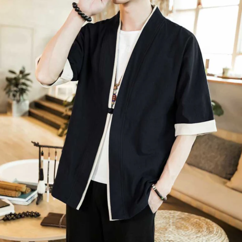 Japanese Short Sleeve Open Front Black Kimono