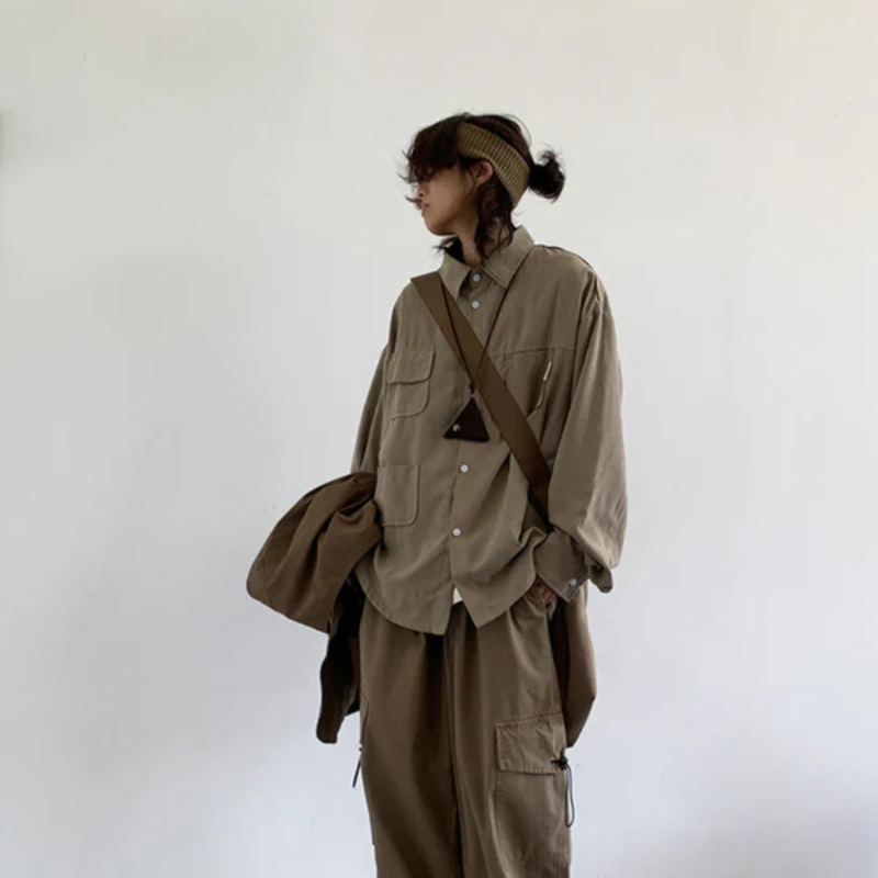 Casual Button Up Oversized Long Sleeve Utility Shirt