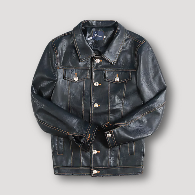 Sleek Fitted Black Leather Trucker Jacket for Men