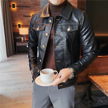 Sleek Fitted Black Leather Trucker Jacket for Men