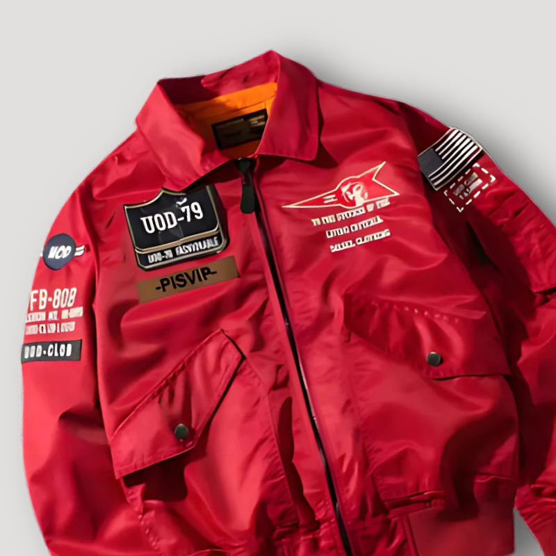 Red Zip Up Military Patches Retro Bomber Jacket