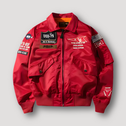 Red Zip Up Military Patches Retro Bomber Jacket