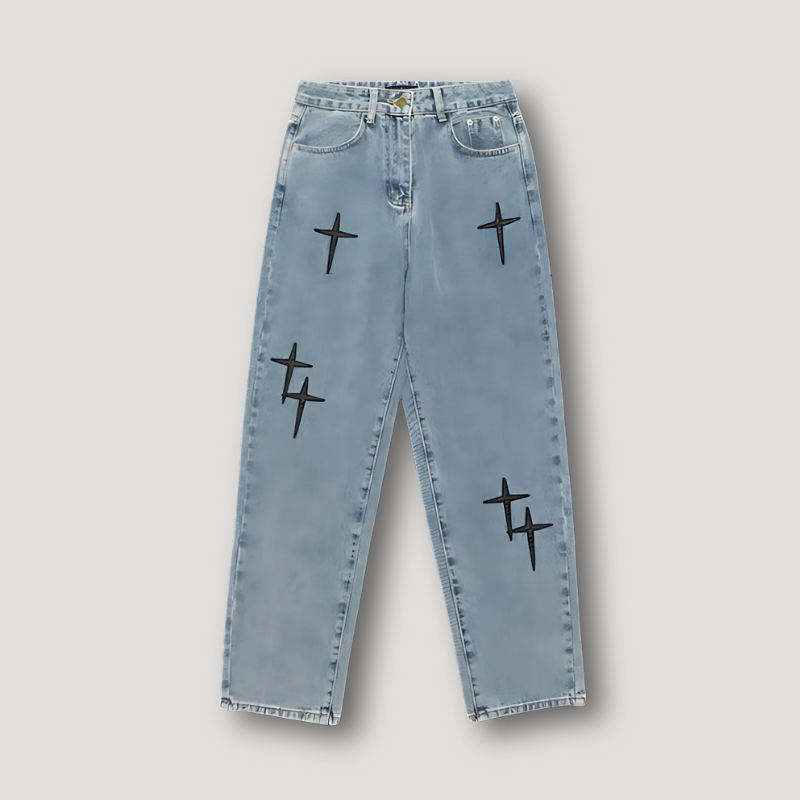 Gothic Cross Embroidery Light Washed Straight Leg Denim Jeans