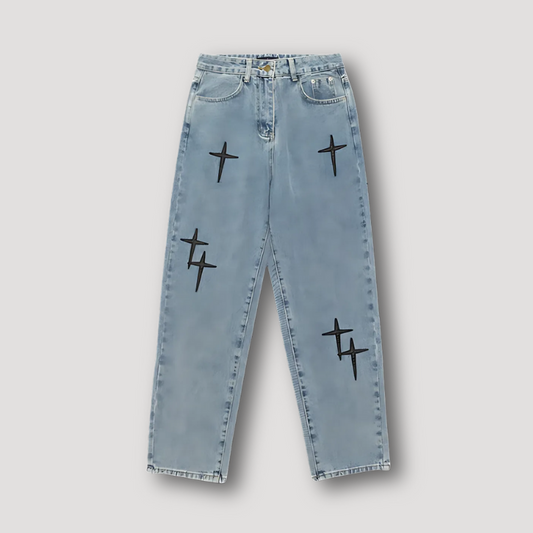 Gothic Cross Embroidery Light Washed Straight Leg Denim Jeans