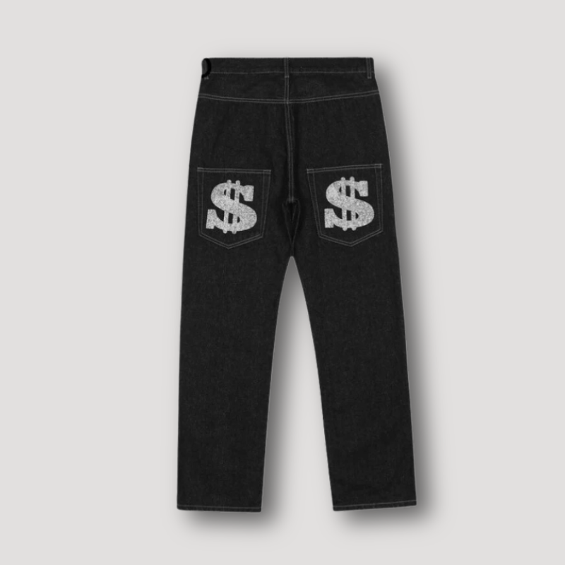 Retro Dollar Graphic Print Straight Leg Black Denim Jeans