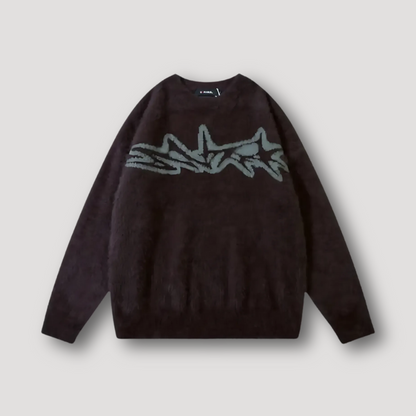 Fluffy Cozy Crewneck Abstract Sharks Loose Sweater