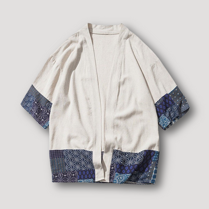 Blue Accents Open Front Japanese Kimono Cardigan