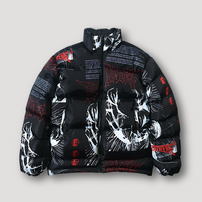 Hand Drawn Stylized Text Graphic Zip Up Puffer Jacket