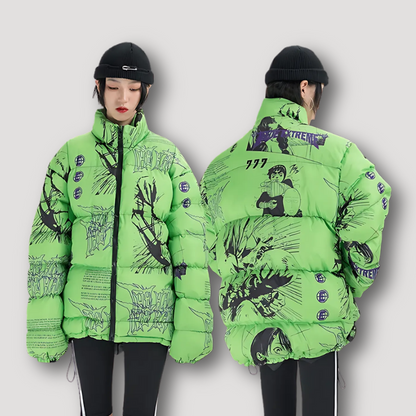 Hand Drawn Stylized Text Graphic Zip Up Puffer Jacket