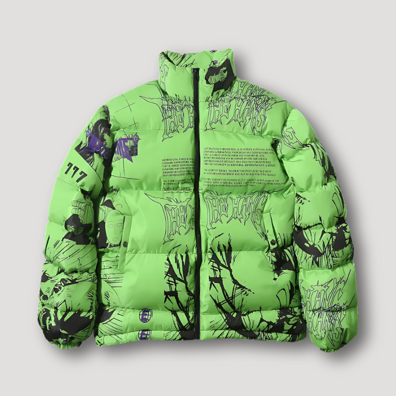 Hand Drawn Stylized Text Graphic Zip Up Puffer Jacket